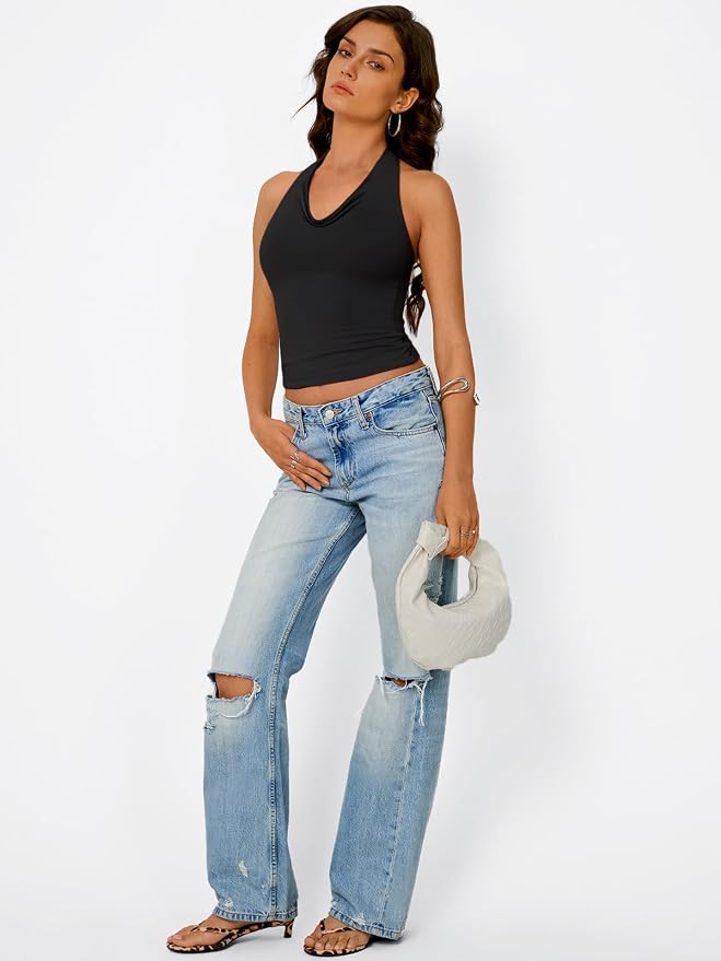 Trendy Queen Halter Tops for Women Going Out Summer Top | Cowl Neck Shirts, Sexy Backless, Fashion Y2K Clothes, Perfect for Party, Club, Vacation, Pair with High-waisted Bottoms