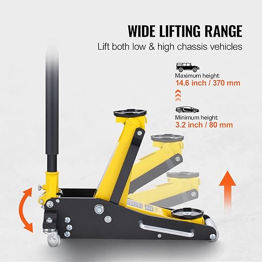 VEVOR Low Profile Floor Jack 2 Ton (4400 lbs), Heavy Duty Aluminum Hydraulic Racing Floor Jack, Hydraulic Car Jack, Dual Piston Quick Lift Pump, 3.2"-14.6" Height Lifting Range (Yellow)