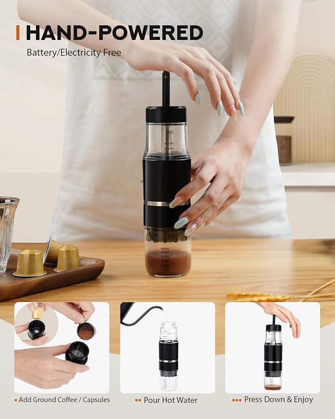 Portable Coffee Maker for Travel & Camping, Travel Lightweight Coffee Machines, Manually Operated, Compatible with Ground Coffee & NS Capsule Black (2Pcs)