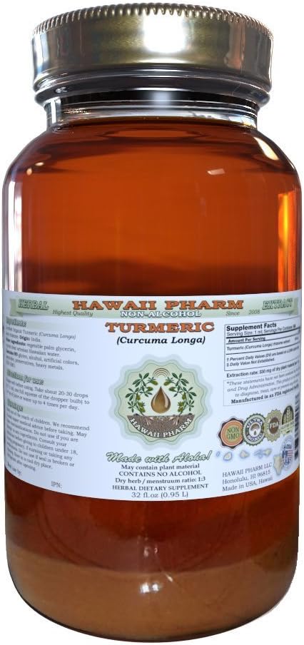 Turmeric Alcohol-Free Liquid Extract, Organic Turmeric (Curcuma Longa) Dried Rhizome Glycerite Natural Herbal Supplement, Hawaii Pharm, USA 32 fl.oz