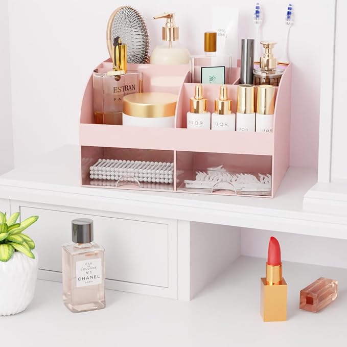 Makeup Organizer with Drawers, Cosmetic Storage for Dresser Vanity and Bathroom Countertop, Beauty Holder for Lipstick Brush, Skincare Organizer for Vanity, Cosmetic Display Case (Pink)