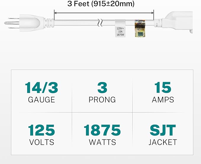 FIRMERST 3 Ft Extension Cord 14 AWG 1875W 15A 3 Prong White UL Listed, 3 Pack