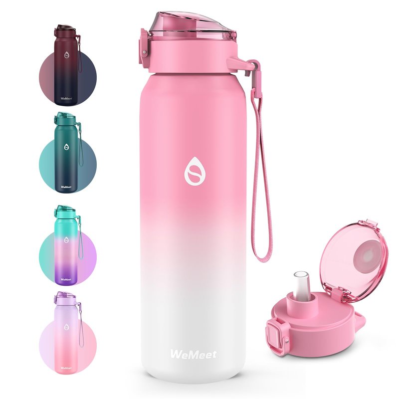 WEMEET Insulated Water Bottle with Removable Straw 17oz, 18/10 Stainless Steel Double Walled Water Cup for Sports, Gym, Travel, and School(PINK WHITE)