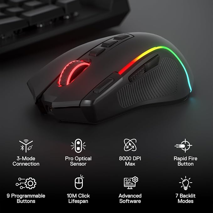 Redragon M612 Wireless RGB Optical Gaming Mouse 8000 DPI Remapping Keys | Cable-Free 0 Delay, Redefine Keybinding Macro, Vibing Backlight, Ergonomic Grip Body Comfort