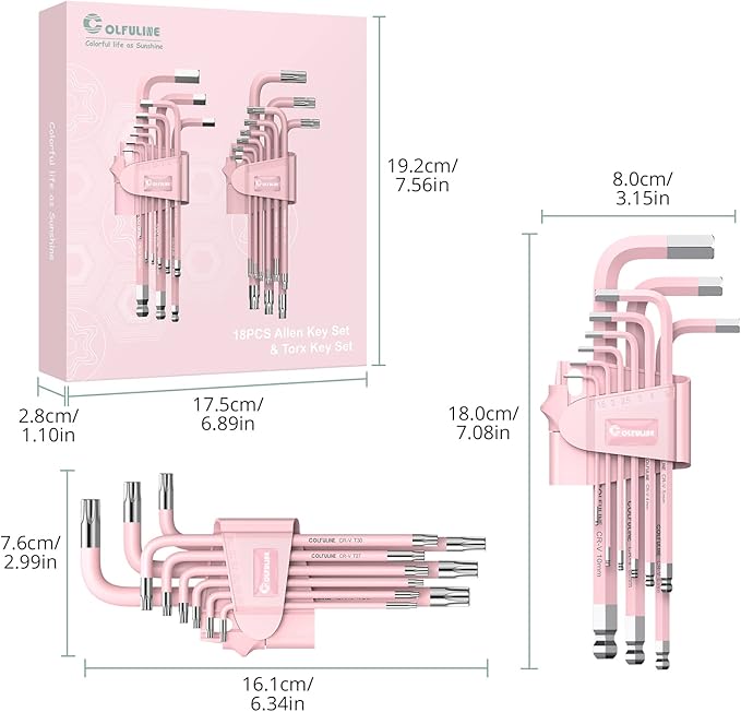 COLFULINE 18PCS PINK Allen Wrench Set, Metric Ball End Allen Key & Torx Key Set, Cr-V Star Hex Key Set for Women, Size T10-T50 & 1.5-10mm with Size-marked for Best Gifts and Home Repair