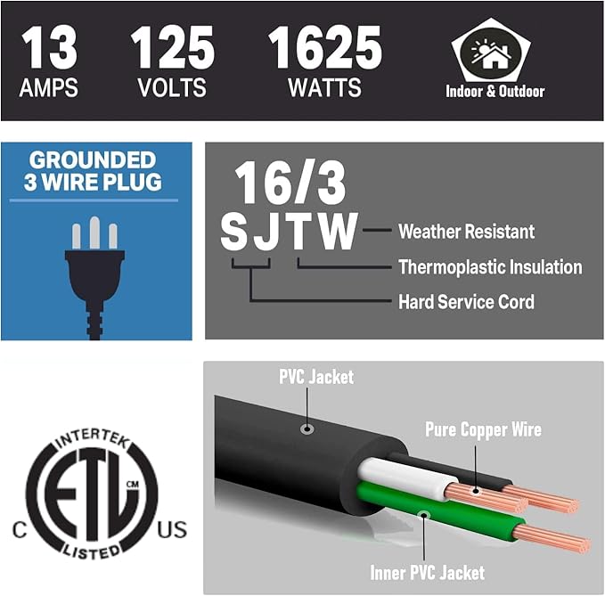 16 SJTW AWG Heavy Duty Power Cord 3 Prong Extension Cord, NEMA 5-15P to NEMA 5-15R, Power Cable for Indoor and Outdoor Use, Black Color, ETL Listed (2 Packs 10FT Black)