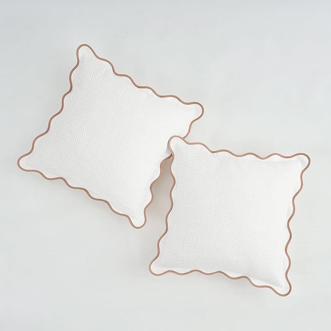 Scalloped Pillow Covers Set of 2 for Living Room | Spring Decorative Sofa Couch Pillows | Boho Sytle Decorative Home | Aesthetic Funky Preppy Pillow Cases (Beige & Brown, 22x22 Inch)