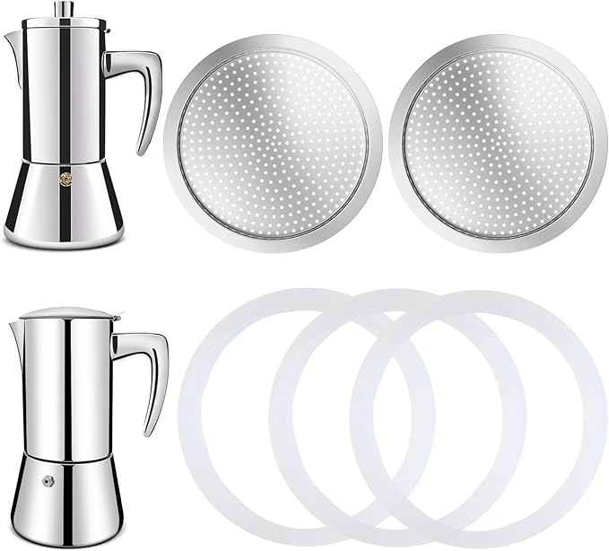 2 Pcs Filter with 3 Pcs Silicone Gasket Seals for 12 Cup Stovetop Espresso Coffee Maker Replacement Parts for 304 Stainless Steel Moka Pot