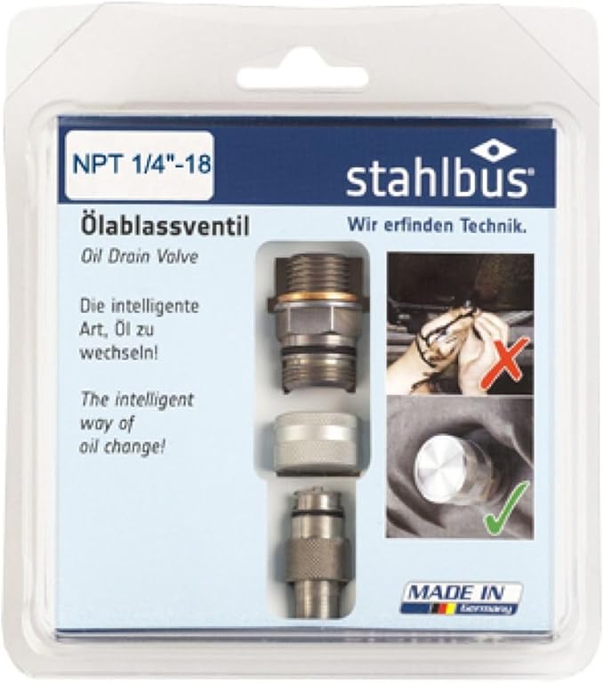 Stahlbus Oil Drain Valve Plug NPT 1/4 inches-18 Steel - CLEAN, EASY, NO TOOL Oil Change - Includes Oil Drain Plug, Washer, Cap, Connector, Silicone Hose