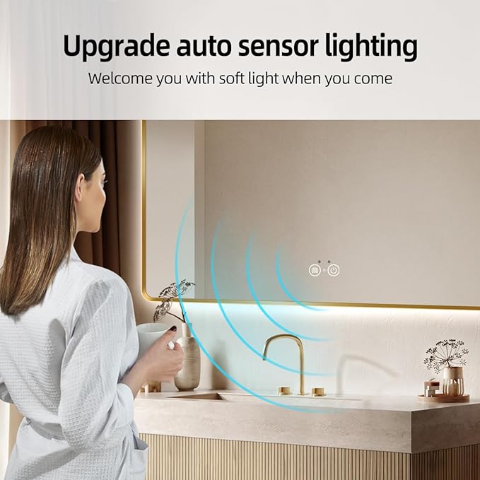 Gold LED Bathroom Mirror, 36" H x 48" W Smart Mirror with Infrared Motion Sensor Lights, Anti Fog, Stepless Dimmable & Color Temperature Adjustment, Wall Mounted Vanity Mirror, CRI≥93