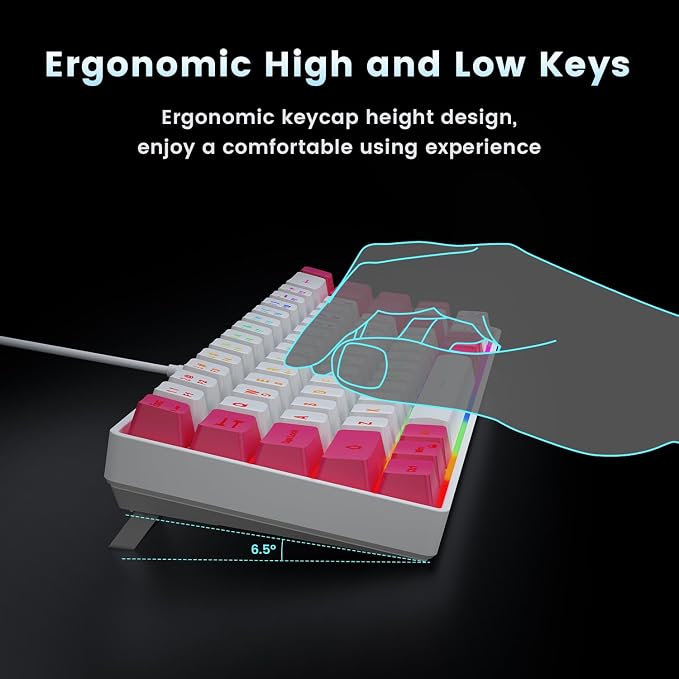 GEODMAER 65% Gaming Keyboard, LED Backlit Mini Wired Keyboard, Ultra-Compact Anti-Ghosting No-Conflict 68 Keys Membrane Gaming Wired Keyboard for PC Laptop Windows Gamer(White-Pink)