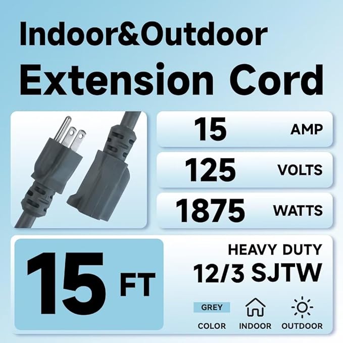 Indoor Outdoor Extension Cord, 12 Gauge 3 Prong Weatherproof Heavy Duty Gray Extension Cords, 12/3 SJTW 15A 15 FT Extension Cable for Garage, Garden and Home, UL Listed