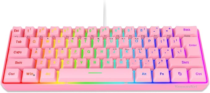 Snpurdiri 60% Wired Gaming Keyboard, 61 Keys RGB Backlit Ultra-Compact Mini Gaming Keyboard for PC/Mac Gamer, Typist, Travel, Easy to Carry on Business Trip(Pink) | Backlit Ultra-Compact Mini Gaming Keyboard for PC/Mac Gamer, Typist, Travel, Easy to Ca...