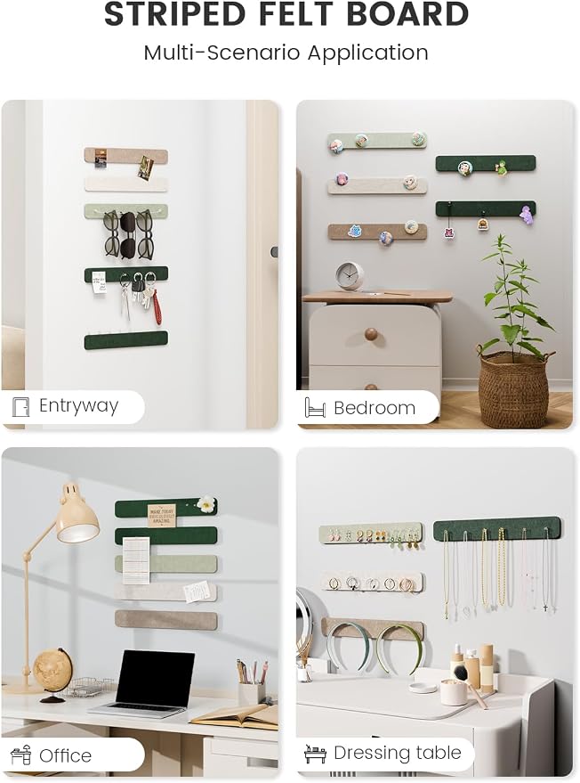 Fluxynara 13" x 2" Felt Wall Panels, Nordic Moss | 5-Pack Cork Board Alternative with 35 Push Pins, Adhesive Mounting for Bedroom Door or Home Office
