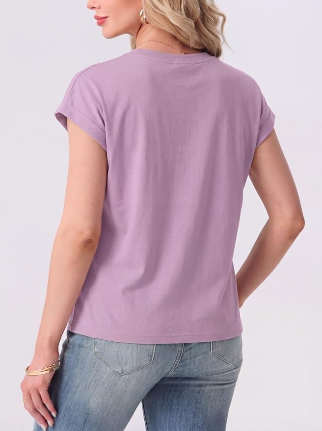 GRECERELLE Womens Summer Tops Cap Sleeve Crew Neck Basic T-Shirt | Everyday Casual Wear, Layering Friendly, Wrinkle-Resistant, Business Casual Ready, Lightweight & Packable, Capsule Wardrobe
