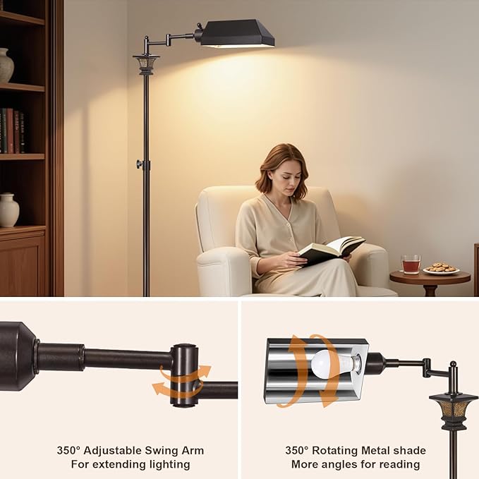 Scenekoy Adjustable Height Smart LED Floor Lamp for Living Room Bedroom, Remote Control Traditional 350º Swing Arm Standing Lamp with Swivel Metal Shade, Decor for Reading House Home Office