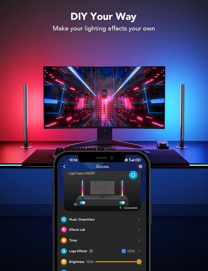 Govee RGBIC Gaming Light Bars H6047 with Smart Controller, Wi-Fi Smart LED | Gaming Lights with Music Modes and 60+ Scene Modes Built, Works with Alexa & Google Assistant, New Year Lights Decor