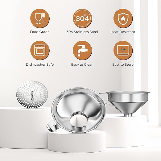 Pisol Canning Funnel for Wide Mouth and Regular Mason Jars, Stainless Steel Kitchen Use Funnels with Strainer for Filling Bottles, Metal Funnel Set for Oil Power Jam Grains Dry & Wet Ingredients