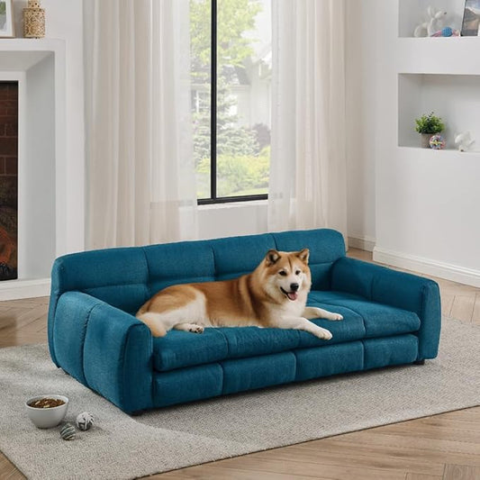 51" Soft and Comfortable Pet Bed for Large and Oversized Dogs, Durable Elevated Dog Sofa with Armrest and Backrest, Modern Linen Fabric Dog Couch, Dark Blue