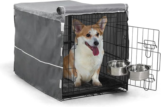 30-Inch Single Door Dog Crate Kit Includes Crate Cover, Dog Bed & 2 Bowls and Bowl Racks, Indoor Dog Cage Bundle Set, Foldable Wire Metal Dog Kennel w/Pan for Small, Medium Dog