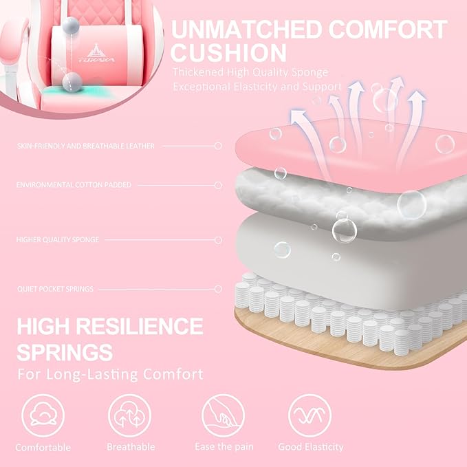 Gaming Chair,Ergonomic Massage Office Desk Chair with Footrest,Pink | Pocket Spring Cushion,Reclining,Thick High Back,Headrest and Lumbar Support,Adjustable Leather Computer Chair Gamer Chair