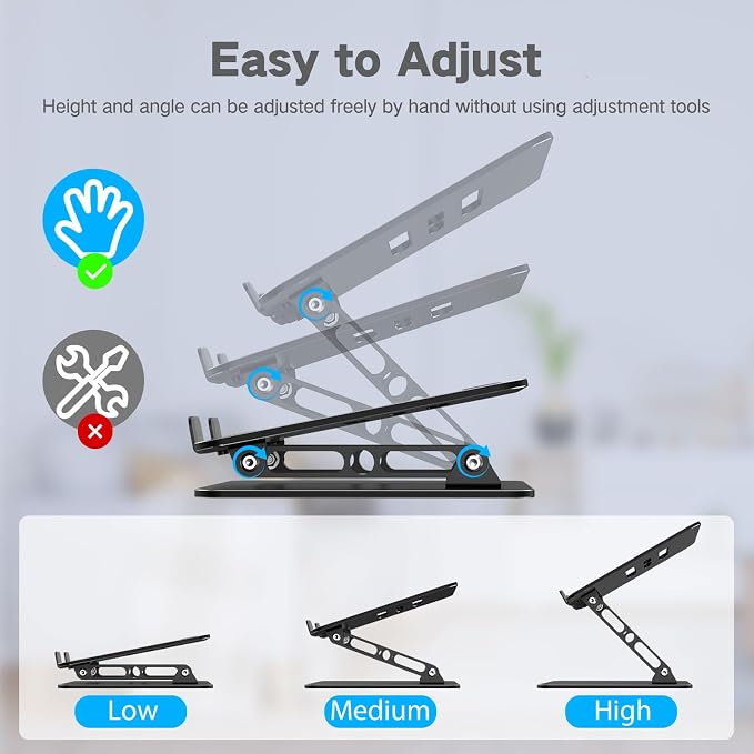 Adjustable Laptop Stand for Desk, Metal Laptop Riser Holder | Portable Desktop Book Stands, Foldable Ventilated Cooling Computer Notebook Stand Compatible with 10-15.6” Laptops, Tablets