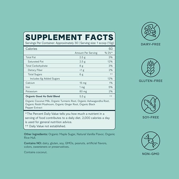 Ora Organic Golden Milk Powder - Ayurvedic Turmeric Powder with Organic Adaptogens - Ashwagandha, Reishi and Ginger | Organic, Gluten-Free, Soy-Free, Vegan, Non-GMO - Maple & Vanilla, 30 Servings