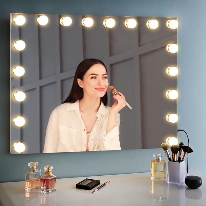 M MIVONDA Hollywood Vanity Mirror with 18 Bulbs Lights, Large Lighted Makeup Mirror for Desk and Wall, Dimmable 3 Lighting Modes, Plug-in & USB Charger Port, White