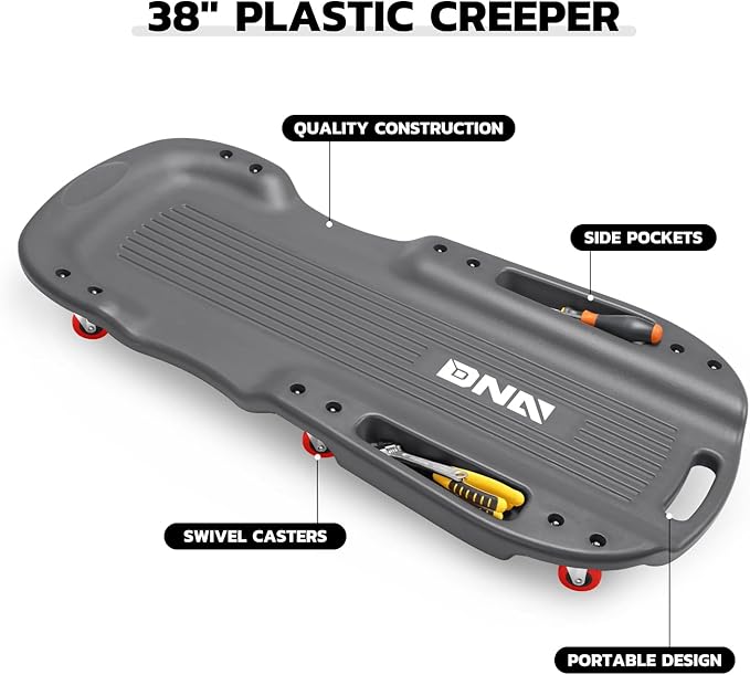 DNA Motoring 38 Inches Low Profile Plastic Rolling Garage Shop Floor Creeper with Side Pockets & 6pcs Casters, Black, TOOLS-00392