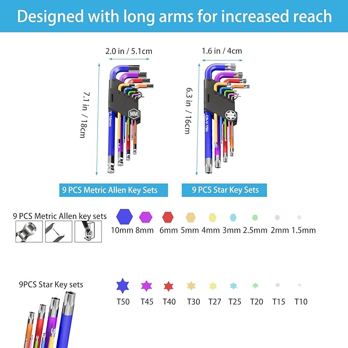 18 PCS Hex Key Set, Color-Coded, Chrome Vanadium Steel, Industrial Grade, T10-T50