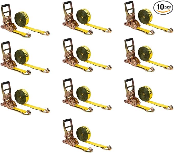 Mytee Products 10 Pack 2" x27' Self-Tensioning Ratchet Strap with J Hooks - 10,000 lbs BS - Heavy Duty Tie Down Large Bar Handle and Cargo Straps with Wire Hooks for Flatbed, Trucks, Pickup - Yellow