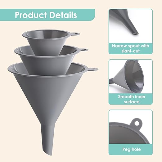 Plastic Kitchen Funnel Set of 3, Durable Round Food Grade Cooking Funnels for Kitchen Use Filling Bottles, Multifunctional Small Medium and Large Sizes for Canning, Lab or Car Oil Use