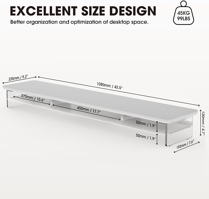 Fenge 42.5" Dual Monitor Stand with Clear Acrylic Legs, White | Clear acrylic, storage compartment, 2-tier home office monitor riser, wide large desktop shelf fit monitor/laptop/printer