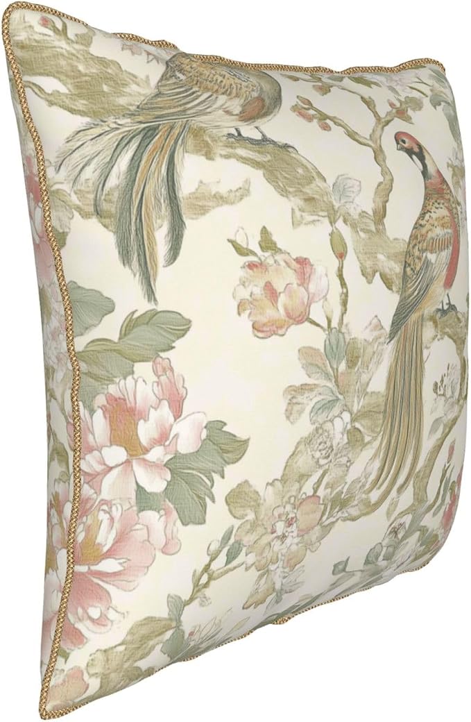 Vintage Bird Floral Velvet Pillow Covers 16x16 Inch Chinoiserie Flowers Leaves Throw Pillows for Couch Farmhouse Cushion Covers Pillowcase Light Green Leaf Pillow Cases for Sofa Bed Outdoor Decor
