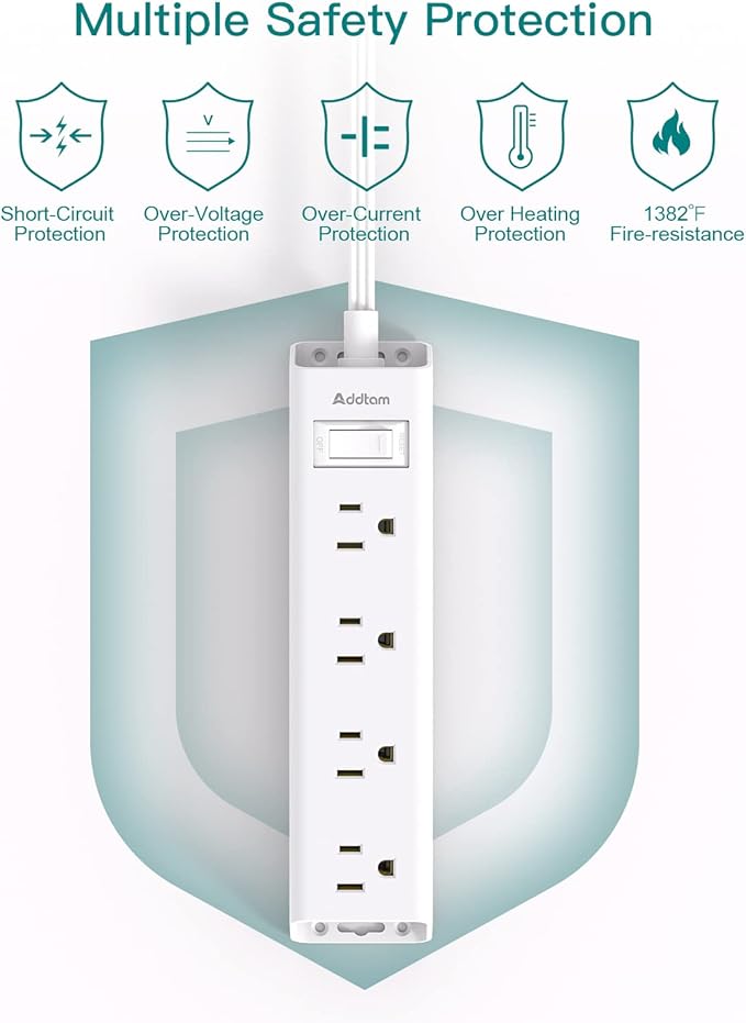 15FT Extension Cord - Surge Protector Power Strip, Addtam 12 Widely Multiple Outlets 3 Sides Outlet Extender, 900J, Wall Mount, Extra Long Flat Power Strip for Home Office College Dorm Room Essentials