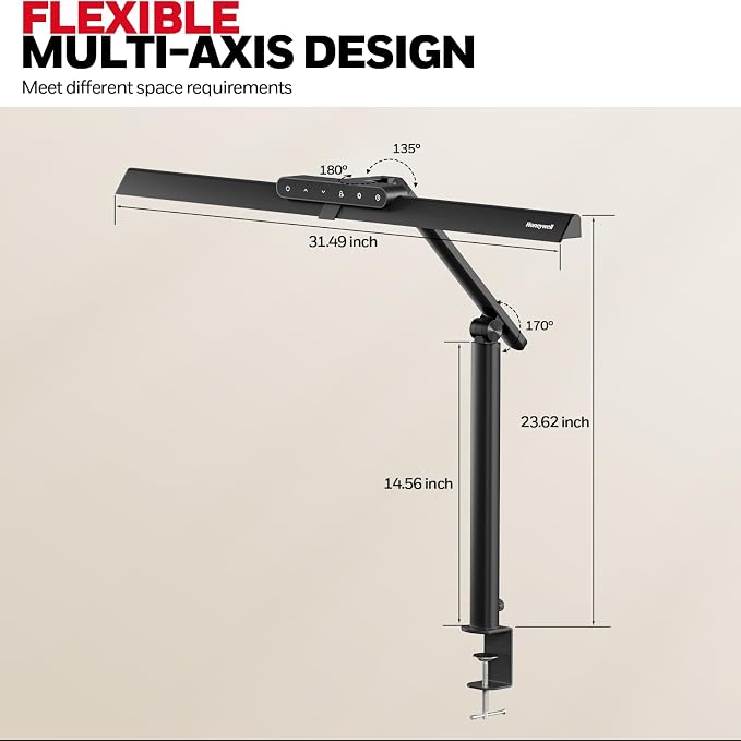 Honeywell HJ1 Sunturalux LED Clamp Desk Lamp 1200LM for Home Office | CRI≥97, 3000K-5700K, Low Blue Light, Flicker-Free, Dimmable Task Desk Light for Computer, Black
