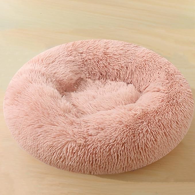 Large Calming Dog Bed, 47 Inch Anti-Anxiety Donut Dog Cuddler Cat Bed, Warming Cozy Soft Dogs Round Bed, Fluffy Faux Fur Machine Washable Pet Cushion for Medium Large Dogs & Cats (Pink)