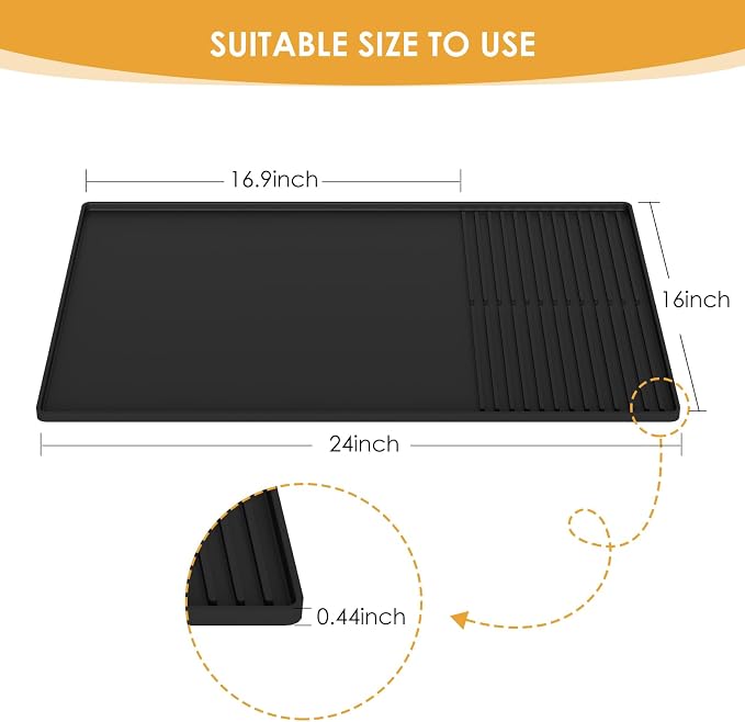 Silicone Coffee Mat with Raised Edges, , 24'' x 16'', Bar Mat for Countertops, Bar Accessories, Coffee Maker Mat, Espresso Machine, Dish Drying Mat (BLACK)