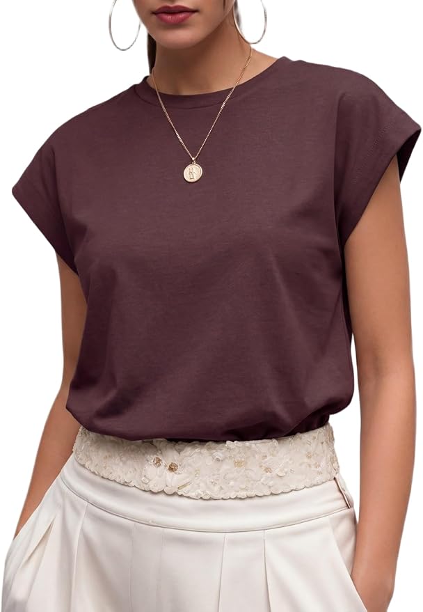 GRECERELLE Womens Summer Tops Cap Sleeve Crew Neck Basic T-Shirt | Everyday Casual Wear, Layering Friendly, Wrinkle-Resistant, Business Casual Ready, Lightweight & Packable, Capsule Wardrobe