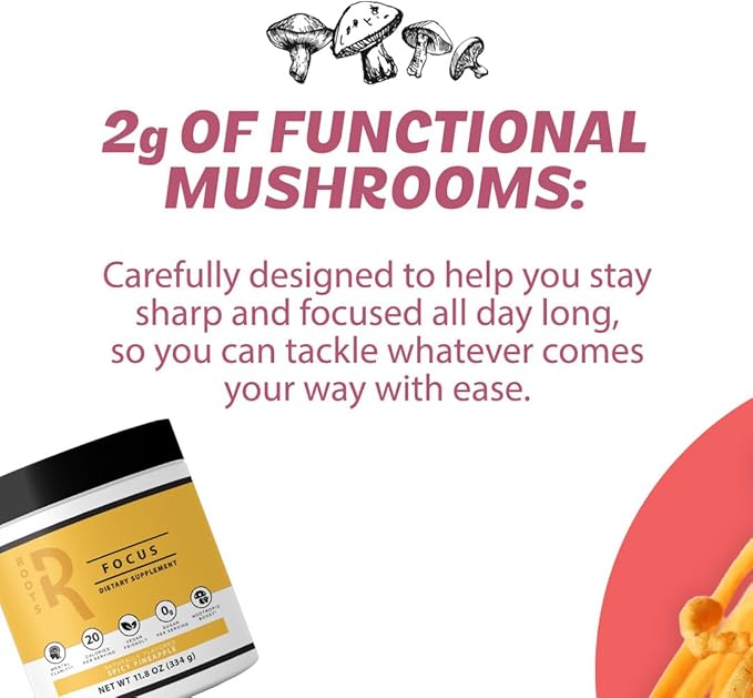 Roots Focus Nootropic Brain Supplement - Strawberry Watermelon, Blend of Lion's Mane, Cordyceps, & Reishi Functional Mushrooms + Extended-Release Caffeine, 50 Servings