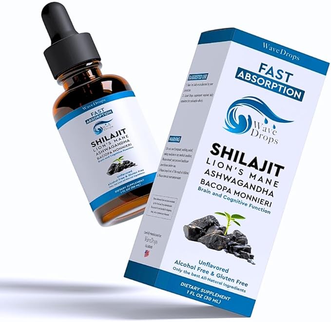 Lion's Mane - Shilajit - Ashwagandha - Bacopa Monnieri Liquid Drops | for Stress, Memory Booster,Focus | All Natural Ingredients 1Fl Oz (1)