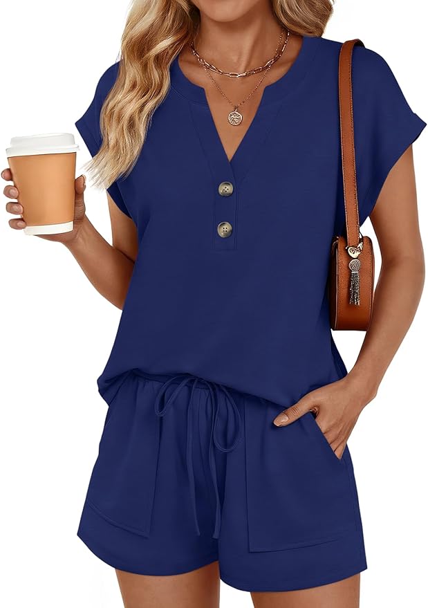LILLUSORY 2 Piece Summer Set 2026 Henley Top & Drawstring Shorts with Pockets