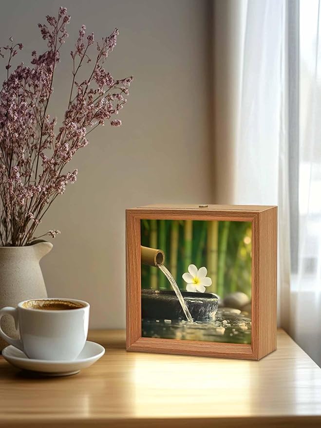 Wood Night Light Box 4.5x4.5in,Zen Meditation Plumeria Flower Table Lights Wooden Picture Frame with USB Rechargeable Touch LED Lights for Home Decor Desktop Display,Flowing Water Forest