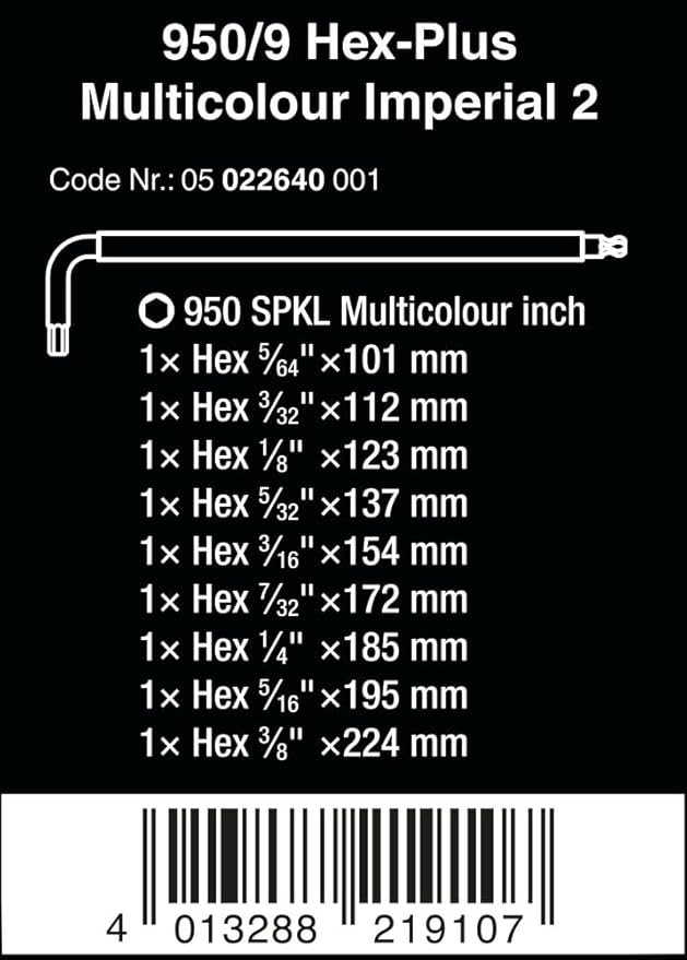 Wera 05022640001 950/9 Hex-Plus Multicolour Imperial 2 L-Key Set, Imperial, BlackLaser, 9 Pieces