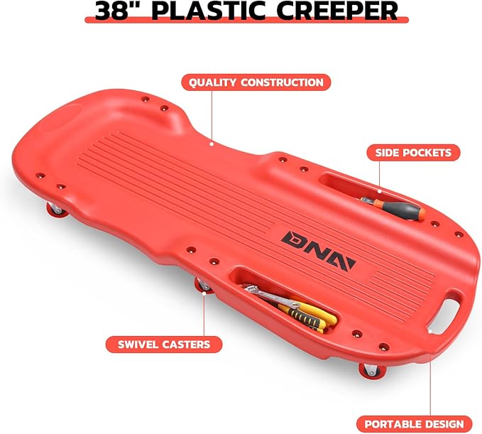 DNA Motoring 38 Inches Low Profile Plastic Rolling Garage Shop Floor Creeper with Side Pockets & 6pcs Casters, Red, TOOLS-00390