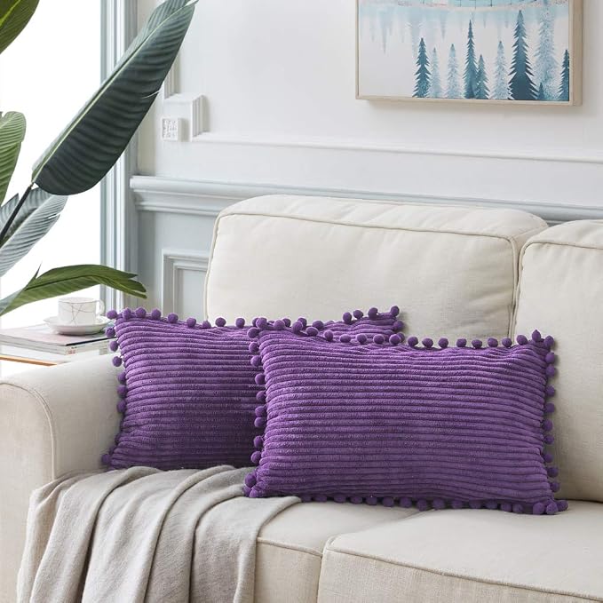 Fancy Homi Pack of 2 Boho Lumbar Decorative Throw Pillow Covers with Pom-poms, Soft Corduroy Solid Rectangle Cushion Cases Set for Living Room Couch Sofa Bedroom Car (12x24 Inch/30x60 cm, Purple)
