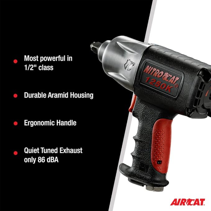 AIRCAT 1250-K 1/2-Inch Nitrocat Composite Twin Clutch Impact Wrench - Composite Impact Wrench with 950 ft-lb Max Torque - Quiet Operation - Reinforced Housing - Hard-Hitting - Ergonomic