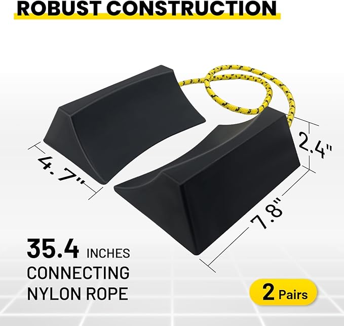 HOXWELL Dual Wheel Chocks, Light Non-Slip Wheel Stoppers with Nylon Rope Yellow Reflective Tape, Wheel Block for Lightweight Travel Trailer, Light Truck, Car, Tractor, Lawnmower 2 Pair, Black&Yellow