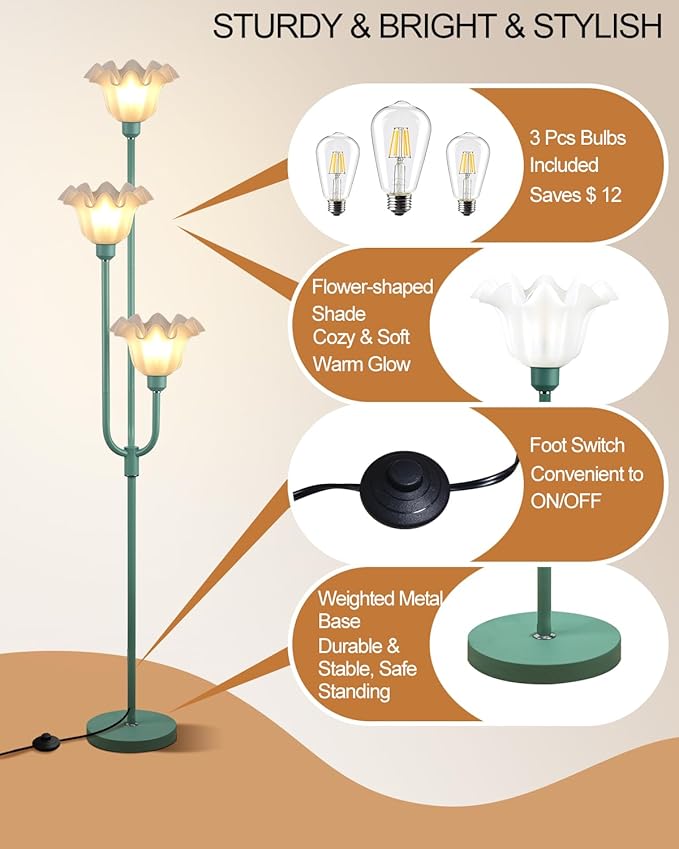 Lightdot Flower Floor Lamp 3-Lights Rustic Floor Lamps with 3000K Warm White Bulbs for Wedding Party Modern Tall Standing Lamp for Living Room/Bedroom-Grey Green-12