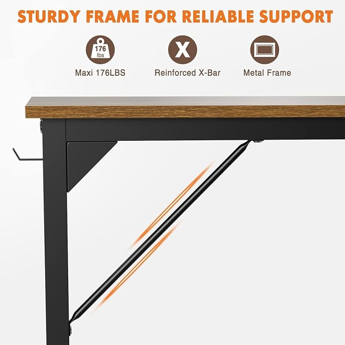 Sweetcrispy 55-Inch Small Computer Desk for Bedroom, Brown | Gaming Writing Work and Study Desk for Home Office, Sturdy Metal Frame and Compact Modern Design with X-Shaped